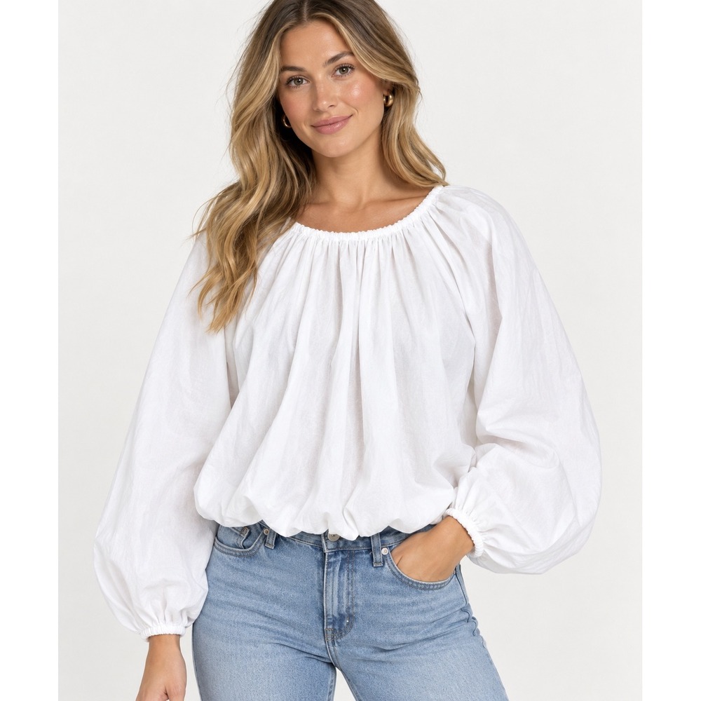 Anthropologie Maeve Blouse Top Cotton Balloon Sleeve Gathered White Medium